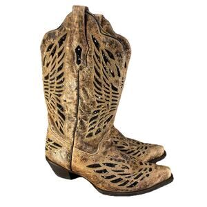 🤠 Corral Brown Leather Western Boots Black Sequin Inlay Wings | Womens 9